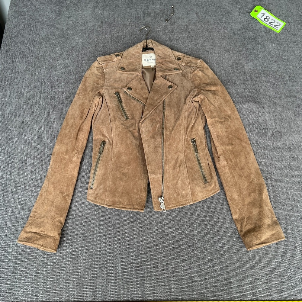 Review Suede Leather Moto Biker Jacket Womens XS Tobacco Brown Asymmetric Zip